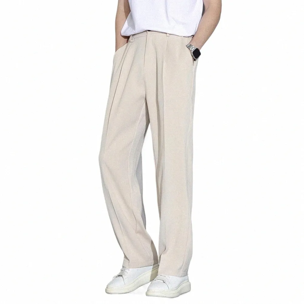 men Pants Ice Silk Casual Lg Pants Elastic Waist Butts Fly Pockets Trousers Straight Wide Leg Draped Busin Pants 83YP#