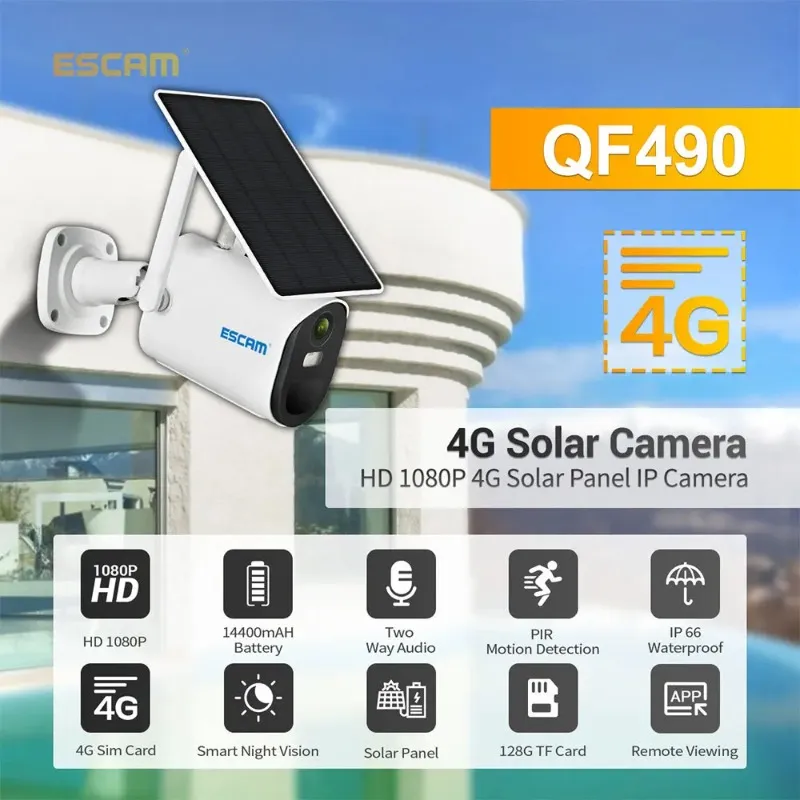 ESCAM QF490 1080P Armazenamento em nuvem 4G Cartão Sim Bateria PIR Câmera IP de alarme com painel solar em cores, visão noturna e áudio bidirecional