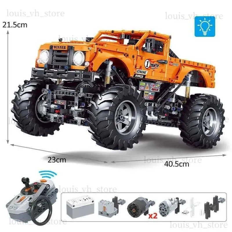 Blocks MOC Technical Orange Monster Buggy Truck Rc Remote Control Car 1492pcs 1 12 Power Building Blocks for Adults Toy Vehicles Models T240325