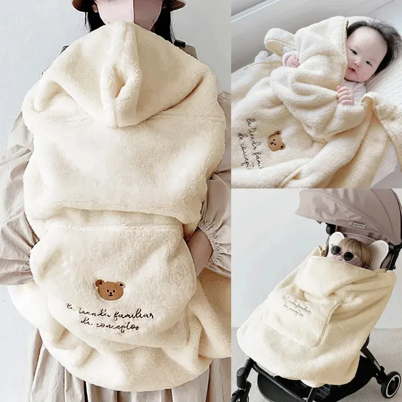 Flanel Coral Fleece Wandelwagen Cover Schattige Beer Winter Winddicht Kinderen Dekens Baby Dutje Warme Quilt Inbakeren Wrap 240311