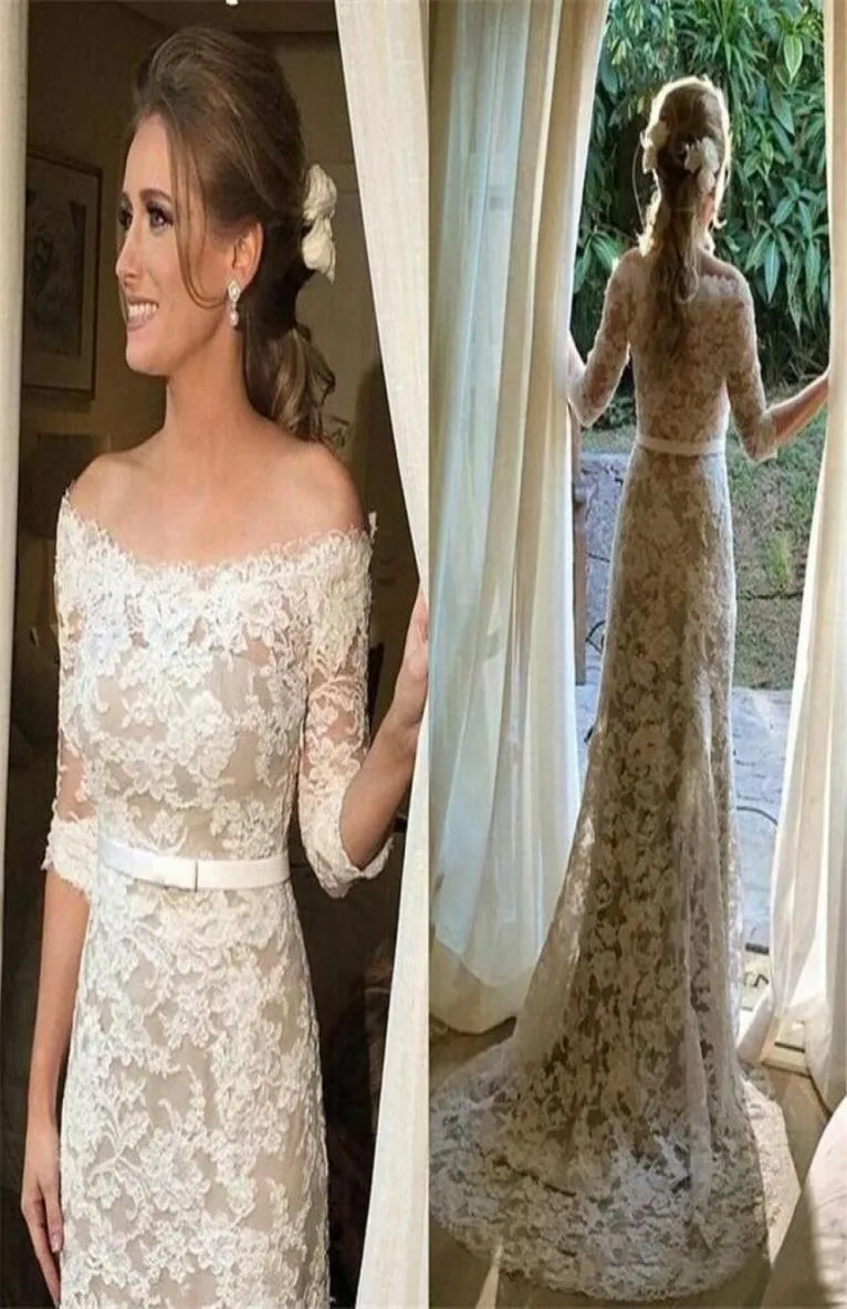 Båthals spets bröllop klänning offthoulder mid ärmar champagne elfenben mantel halv ärmar bröllopsklänning vestido de noiva5862953