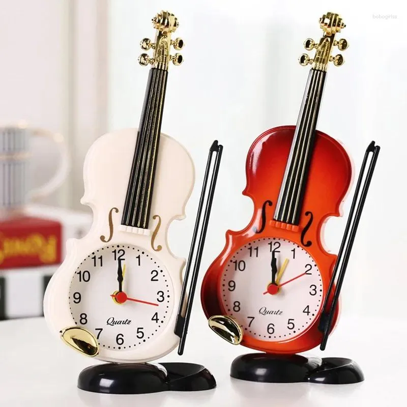 テーブルクロッククリエイティブバイオリン目覚まし時計の学生は、デスクトップ楽器を使用してかわいいベッドサイドレトロな装飾ギフトをモデル化する