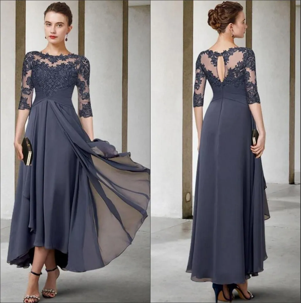 Elegant Long Sleeves Lace Mother Dresses Sheer Crew Neck Chiffon Applique A Line Ruched Formal Party Ankle Length Formal Party Evening Dresses BC14637 0326