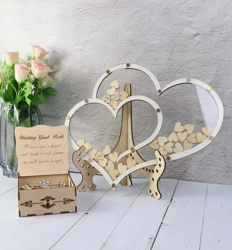 Double Heart Shape Wedding Gästbok Decoration Rustic Sweet Heart Drop Box Wedding Drop Box 3D Guestbook Träbox 2106106362739