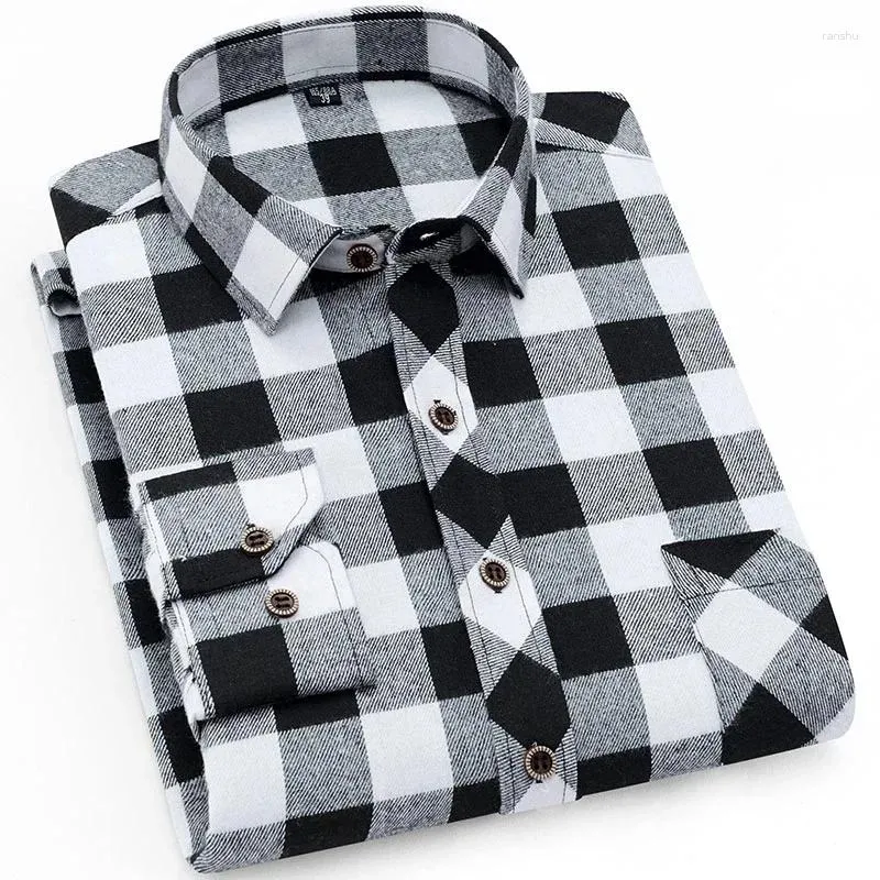 Camisas casuais masculinas xadrez escovado manga longa bolso único camisa confortável moda padrão ajuste botão para baixo verificado