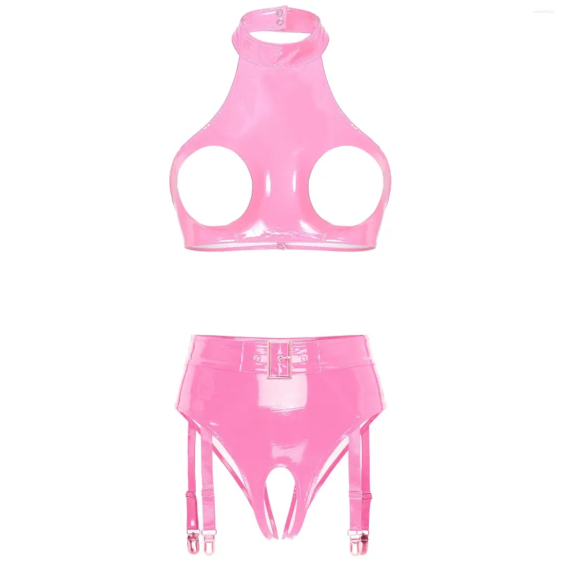 Bras Sets Lingerie Set Women Wet Look PVC Leather Party Suit Halter Cupless Crop Top High Waist Crotchless Garter Panties Nightclub Wear