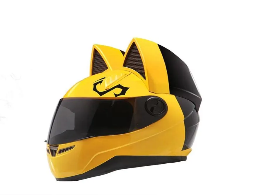 Capacete de motocicleta da marca NITRINOS rosto inteiro com orelhas de gato quatro temporadas cor amarela4719837