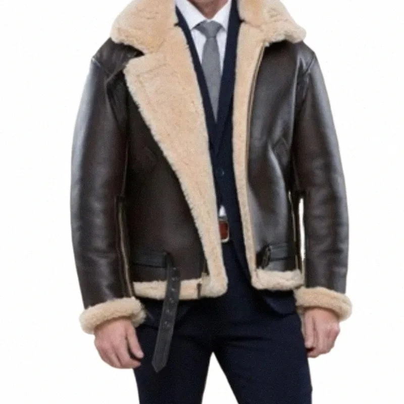 Jaqueta de couro masculina confortável espessamento quente pele integrada LG mangas cor sólida Fi casual versátil jaqueta com zíper 45Hv #