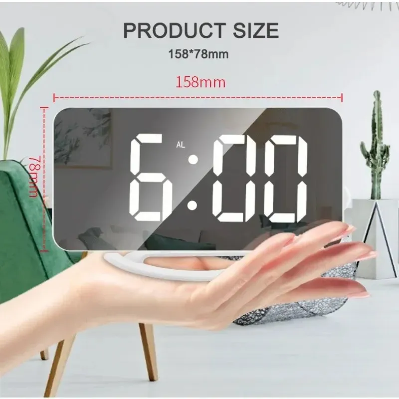 2024 새로운 디지털 알람 시계 7 "대형 LED 거울 전자 시계 터치 스누즈 듀얼 USB 충전 데스크 벽 현대 시계 시계