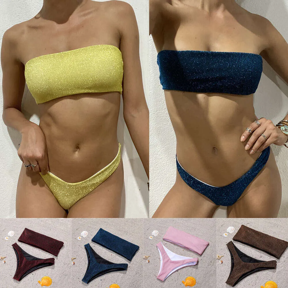 2020 nuovo costume da bagno bikini a vita alta con reggiseno sexy in tessuto oro e argento