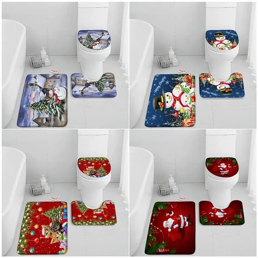 Tapetes engraçado boneco de neve natal tapete de banho conjunto árvores de natal corda bola gatos bonitos papai noel casa decoração do banheiro tapetes tampa do banheiro