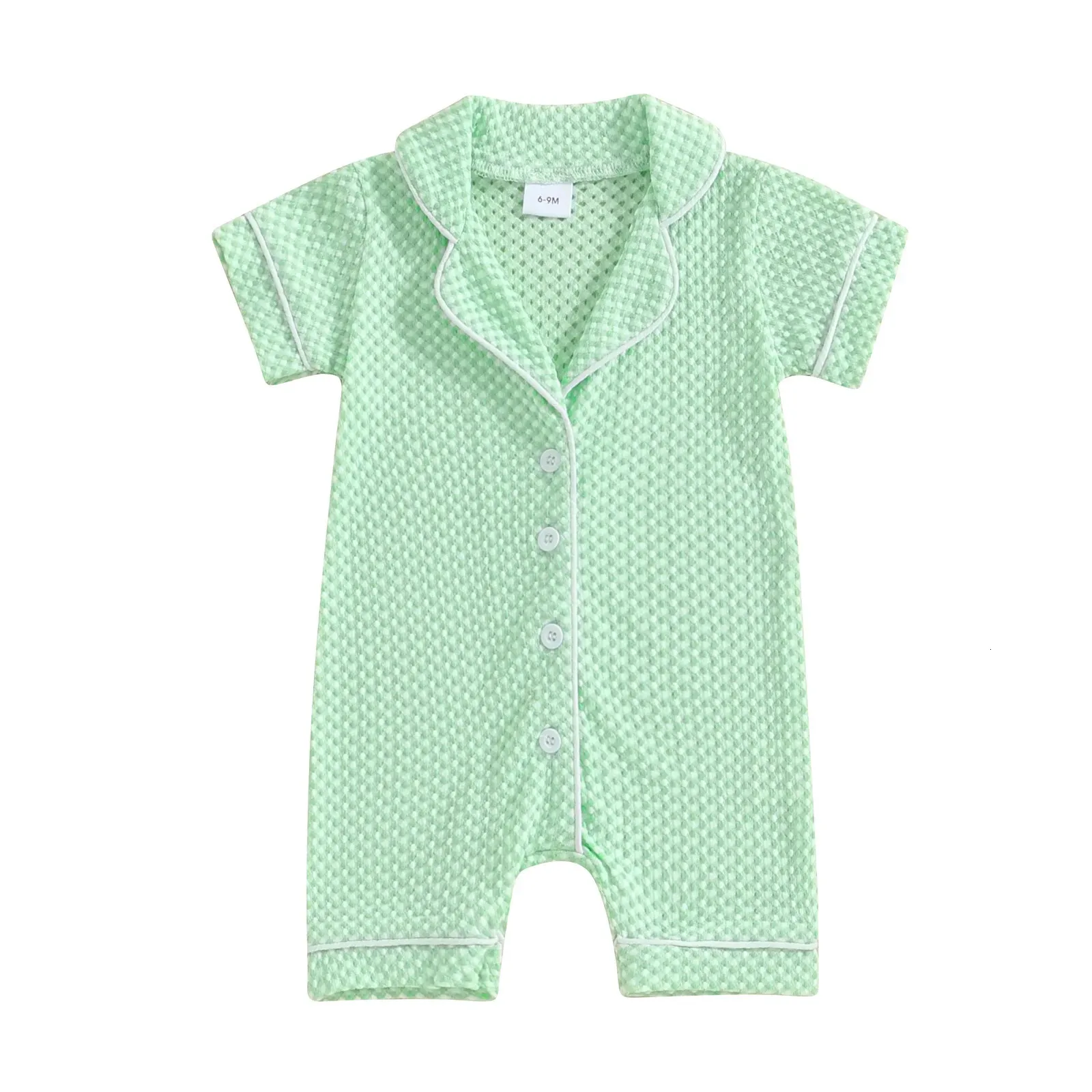 Infantile bébé garçons filles combinaisons d'été salon porter à manches courtes col à revers boutonné barboteuses texturées pyjamas pour tout-petits 240325