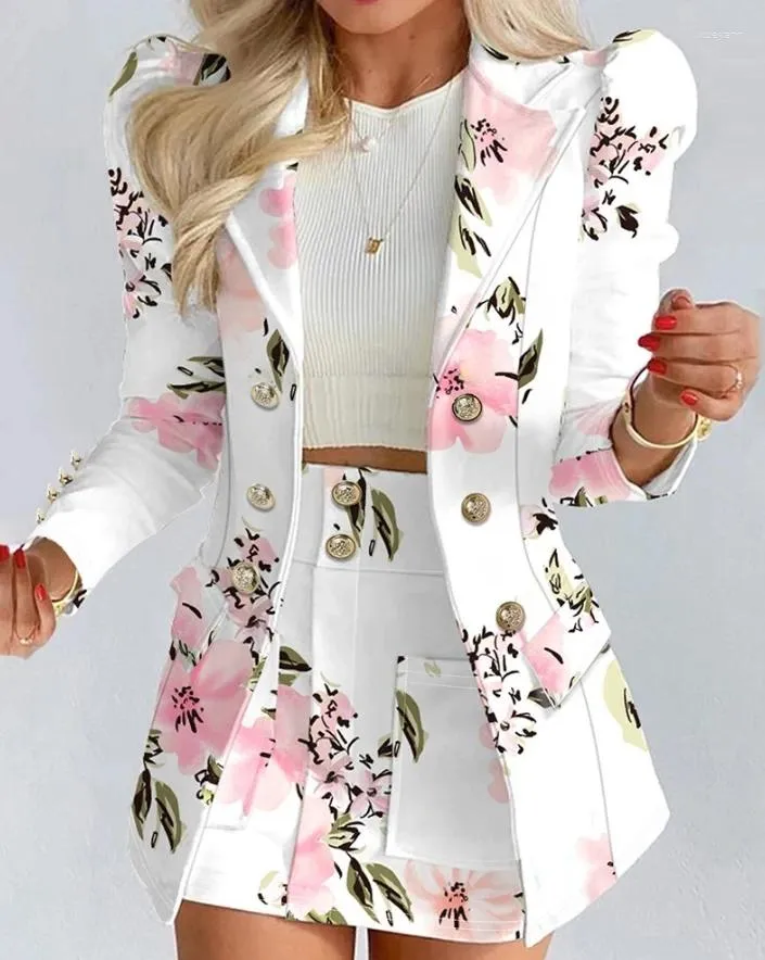 Two Piece Dress Women's Commuting Suit 2024 Spring/summer Latest Fashion Style Floral Print Puff Sleeve Double Breasted Blazer Coat&skirt