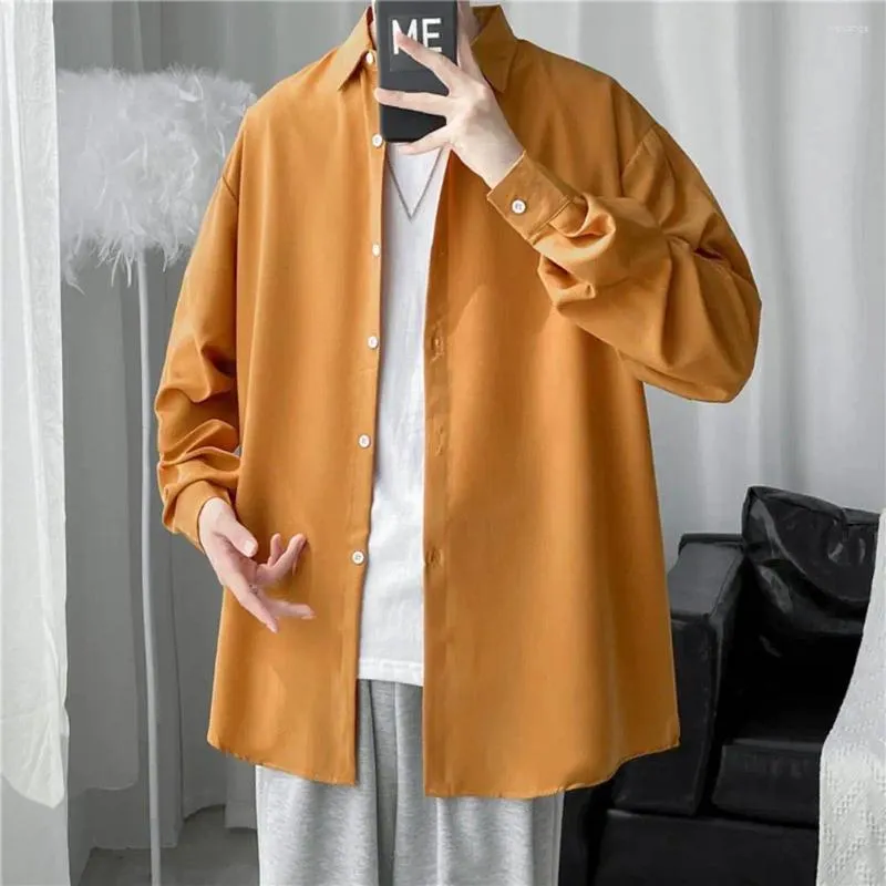 Men's Casual Shirts Spring Autumn Men Lapel Long Sleeve Shirt Tops Solid Color Loose Fit Thin Single Breasted Workwear