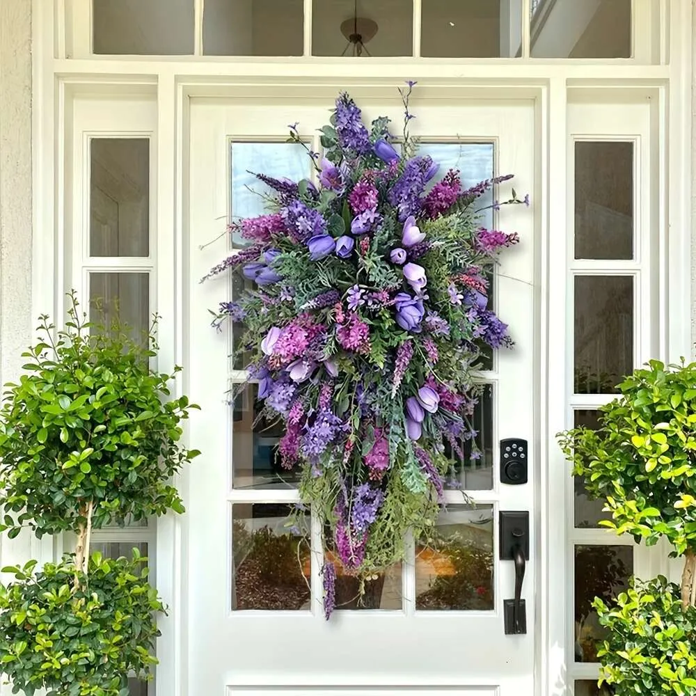 1 unidade, árvore de guirlanda de flor de arco de borboleta de simulação de primavera, decoração de suspensão de porta de pátio ao ar livre, decoração de casa perfeita e presente de feriado, roxo de 19 polegadas