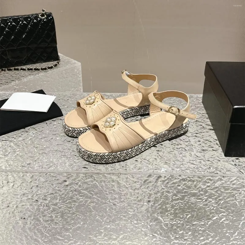 Женские сандалии, размер 34–42, эспадрильи на плоской платформе из натуральной кожи, дизайнерские туфли на плоской подошве с жемчугом и кристаллами Zapatillas Mujer
