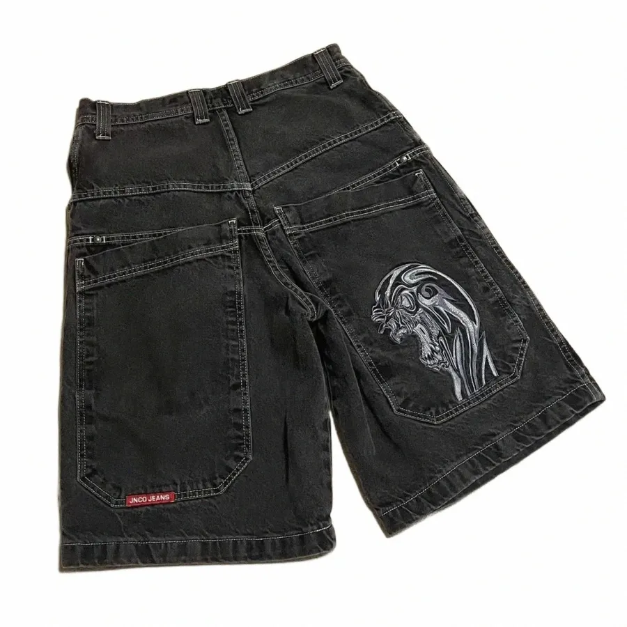 Sokak Giyim Jnco Şort Y2K Pantolonlar Erkek Hip Hop Retro İskelet Grafik Baggy Denim Salon Şortları Harajuku Gotik Erkekler Basketbol Kısa Q1KW#