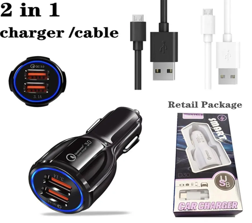 Chargeur USB de voiture à 2 ports Charge rapide Chargeur de téléphone portable USB Chargeur de voiture rapide Câble typec Câble micro Câbles rapides 1M avec vente au détail P7559871