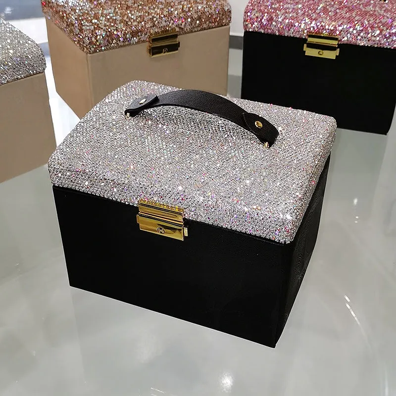 Caja de joyería portátil con incrustaciones de diamantes, caja de almacenamiento de anillos y collares, caja de joyería con espejo multifuncional para el hogar