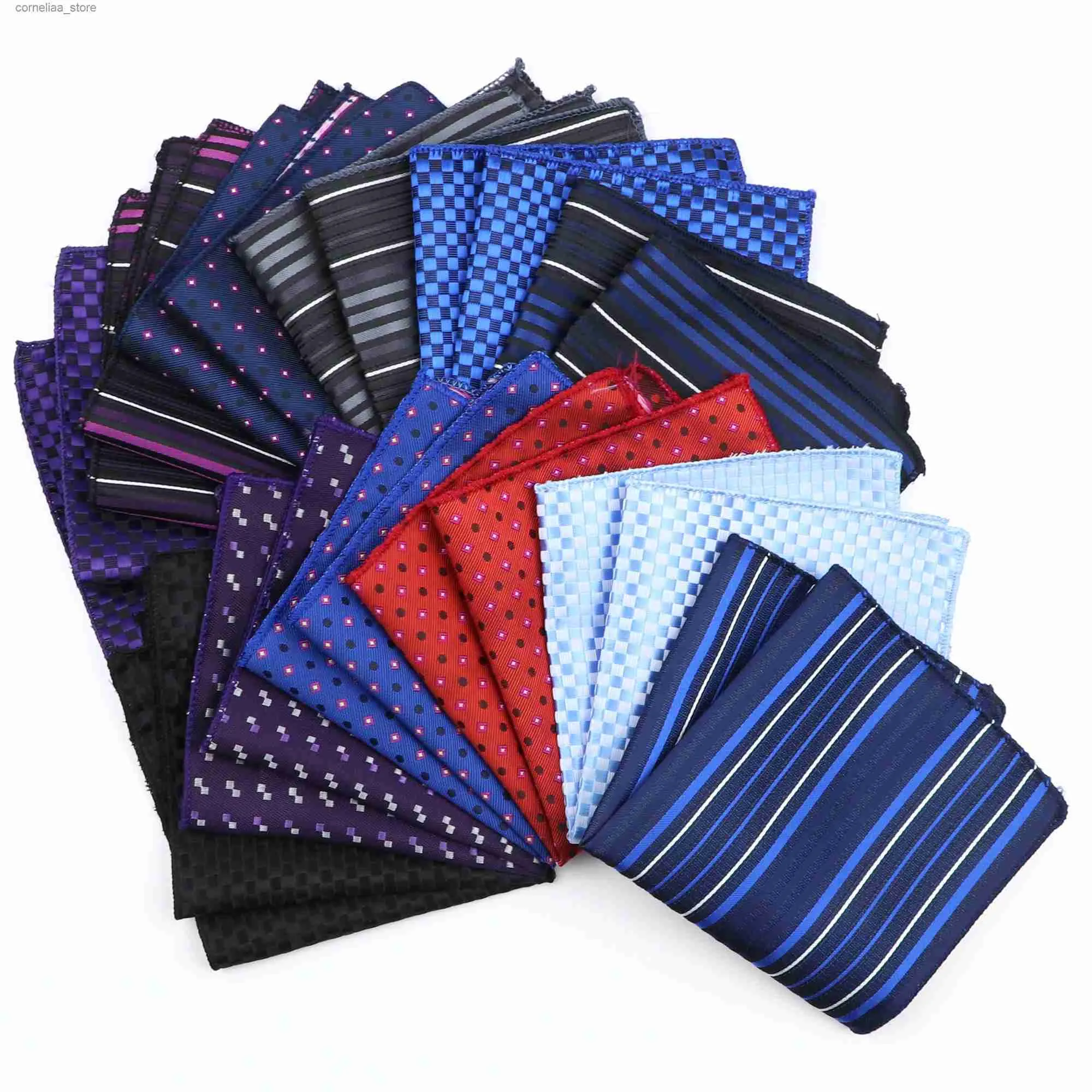 Näsdukar fashionabla sidenpolyester Hanky ​​Pocket Square 24 cm bred randig rutig röd och blå handtag mens bankett tillbehör gåva y240326