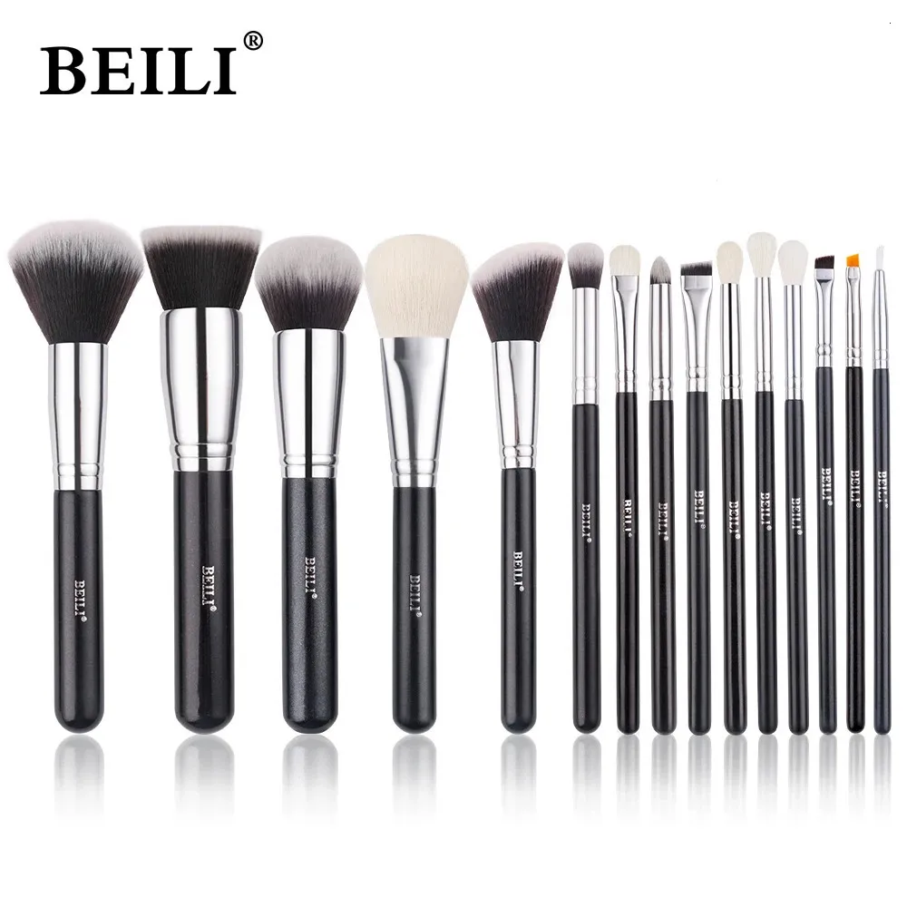 BEILI Black 15 Pcs Makeup Brushes Professional Natrul Goat Synthetic Hair Foundation Powder Eyeshadow Brush Make Up Tools 240311