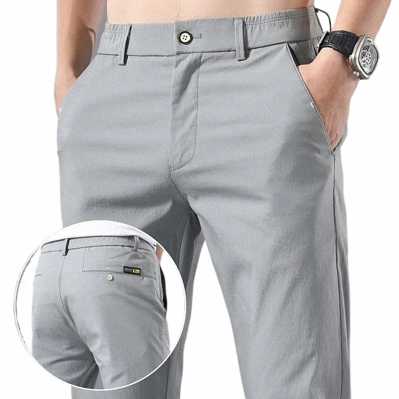 2023 Nouveaux pantalons décontractés d'été hommes glace soie coton couleur unie busin fi slim fit stretch pantalon mince mâle pantalon droit D2jV #