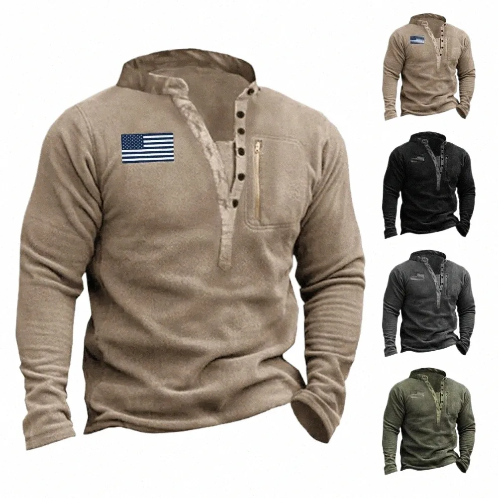 Sweat-shirt à la mode pour hommes Sweat-shirt à col montant rétro pour hommes avec étiquette de drapeau américain Pull à fermeture éclair en peluche chaude pour l'automne i1yc #