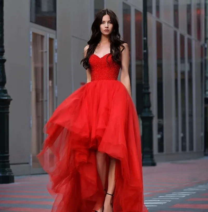 Kurze Vordere Lange Zurück Rot Prom Kleid 2024 Frauen Schatz Perlen Tüll Formale Geburtstag Kleider Robe De Soiree Vestidos De fest