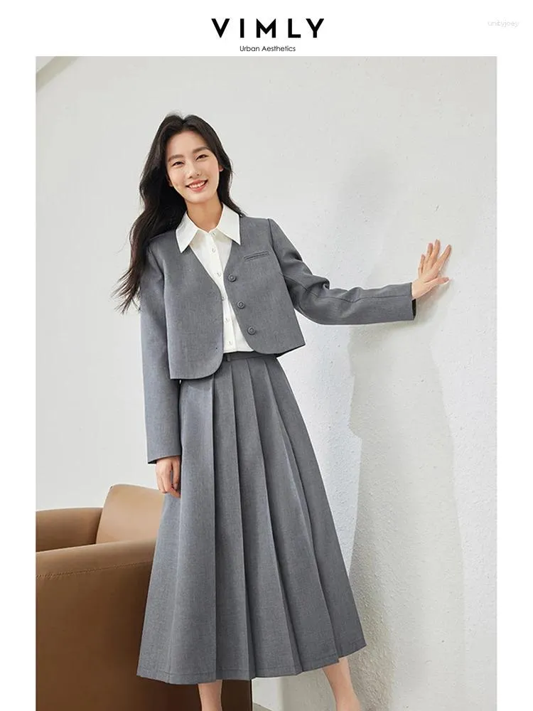 Robes de travail Vimly femmes élégantes Blazer jupes costumes 2024 printemps bureau gris 2 pièces correspondant ensembles col en V plissé Maxi jupe M5356