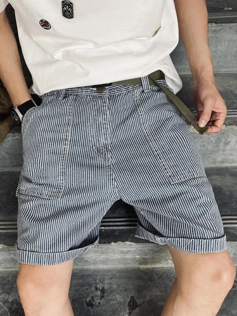 Herren-Shorts, gestreiftes Muster, Denim, Sommer, Bündchen am Saum, große Taschen, lockere lässige knielange Jeans, kurze Hosen für Männer