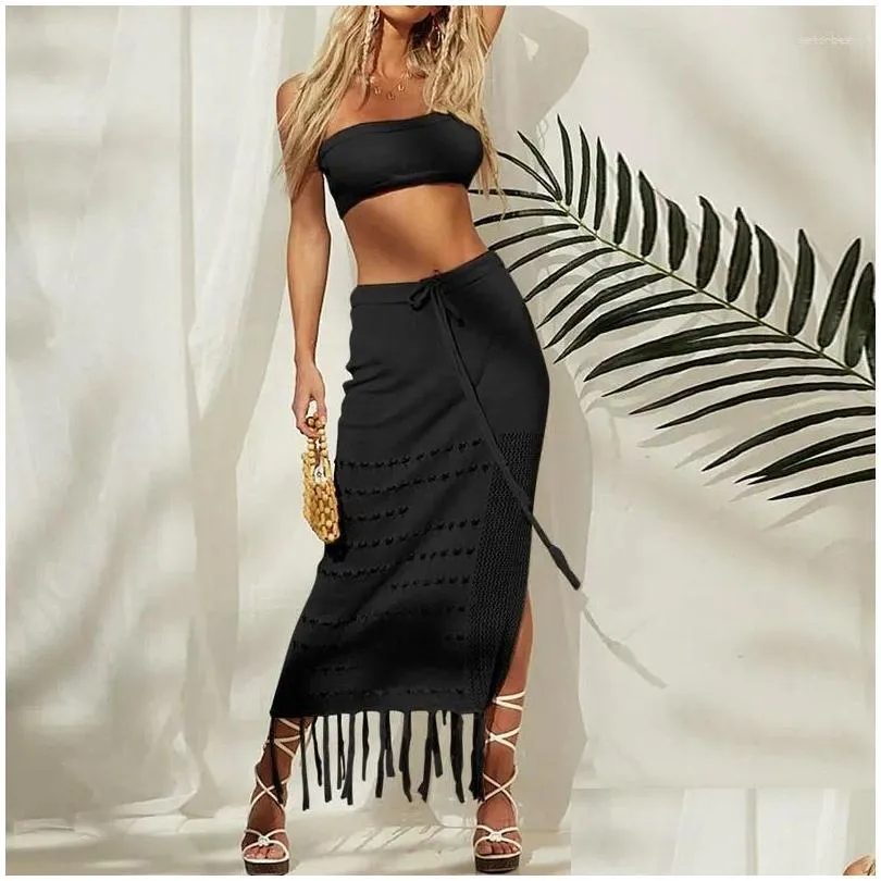 Work Dresses 2024 Summer Hollow-Out Bikini Smock Wrap Breast Long Skirt 2-Piece Lace Fringe Beach Sun Protection Y Solid Color Drop De Otazz