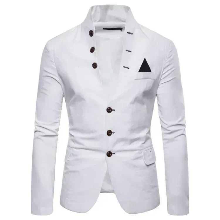 Mens Blazer Multi-knapps dekoration Casual Stand-Up Collar Man Blazer Fashion Slim Solid Color Sacka Jacket Dress Stage Party 240313