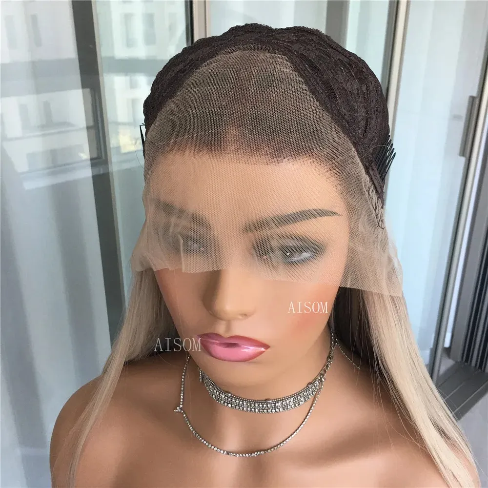 Perruque Lace Front Wig synthétique lisse à reflets blond platine, cheveux synthétiques sans colle, pre-plucked, couleur Blonde, pour femmes