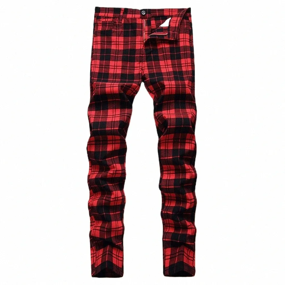 Hombres Butt Zip Pantalones Butt Fly Slim Fit Plaid Print Wild Skinny Soft Longitud completa Hombres Red Plaid Pantalones impresos para el trabajo O1HK #