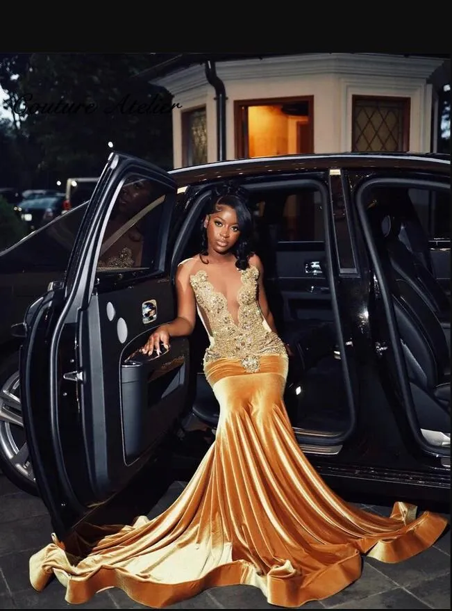 Gold Gold Crystal Velvet Mermaid Long Prom Virts for Black Girls Mesh Top Beded Rhinestone Gradant Treaduant Dresses African Party Dresses 0326