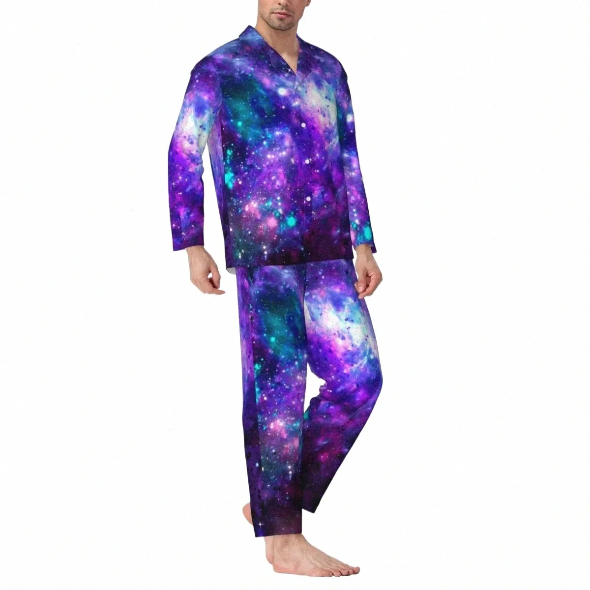 Cosmic Space Print Polyester Broadcloth Pajamas for Men, Two-Piece ...