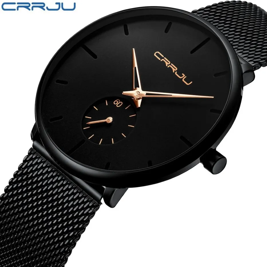 Crrju Top Brand Luxury Quartz Watch Men Casual Black Japan Quartz-Watch rostfritt stål Face Ultra Thin Clock Man Relogio New265T