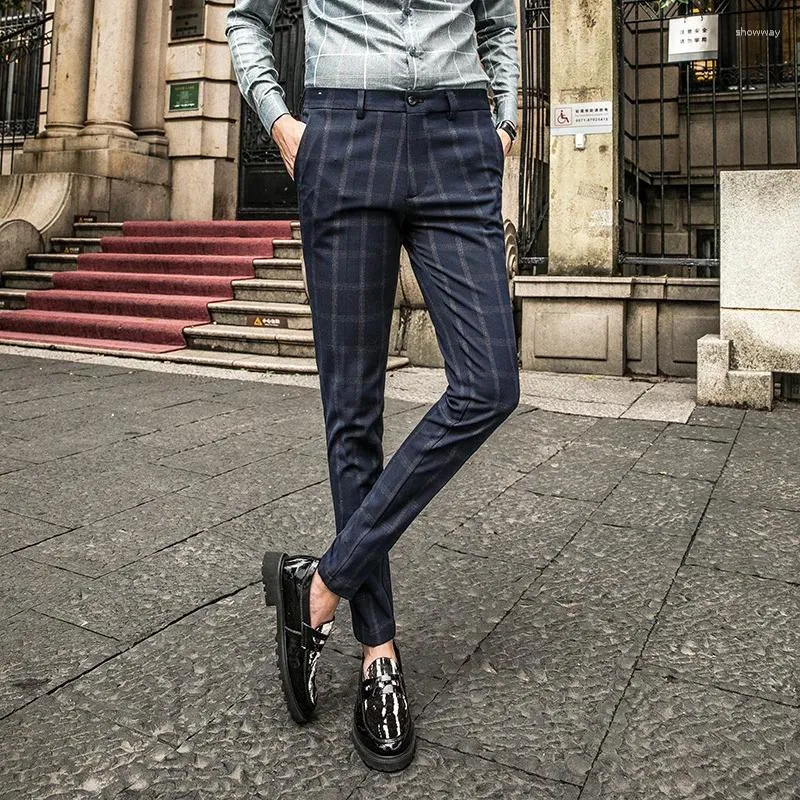 slim fit dress slacks Prestige Men’s Gray/Black/Blue Plaid Dress Pants – Navy 1 36 main image 1
