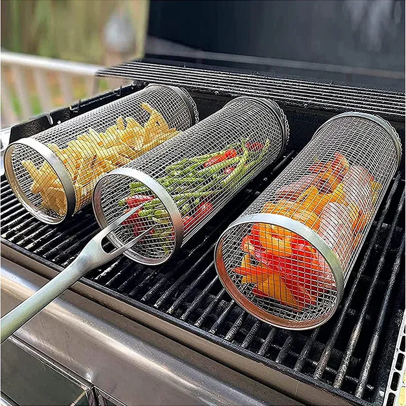 Forchette per barbecue in acciaio inox con rete antifumo per barbecue, cilindro per barbecue, rullo rotante per rete per barbecue portatile a forma di cilindro per esterno