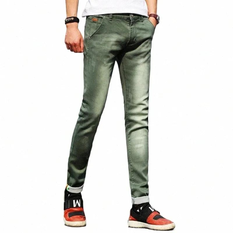 new Fi Men's Jeans Light Green Color Stretch Casual Straight Slim Fit Multicolor Skinny Jeans Men Cott Denim Trousers m7Ch#