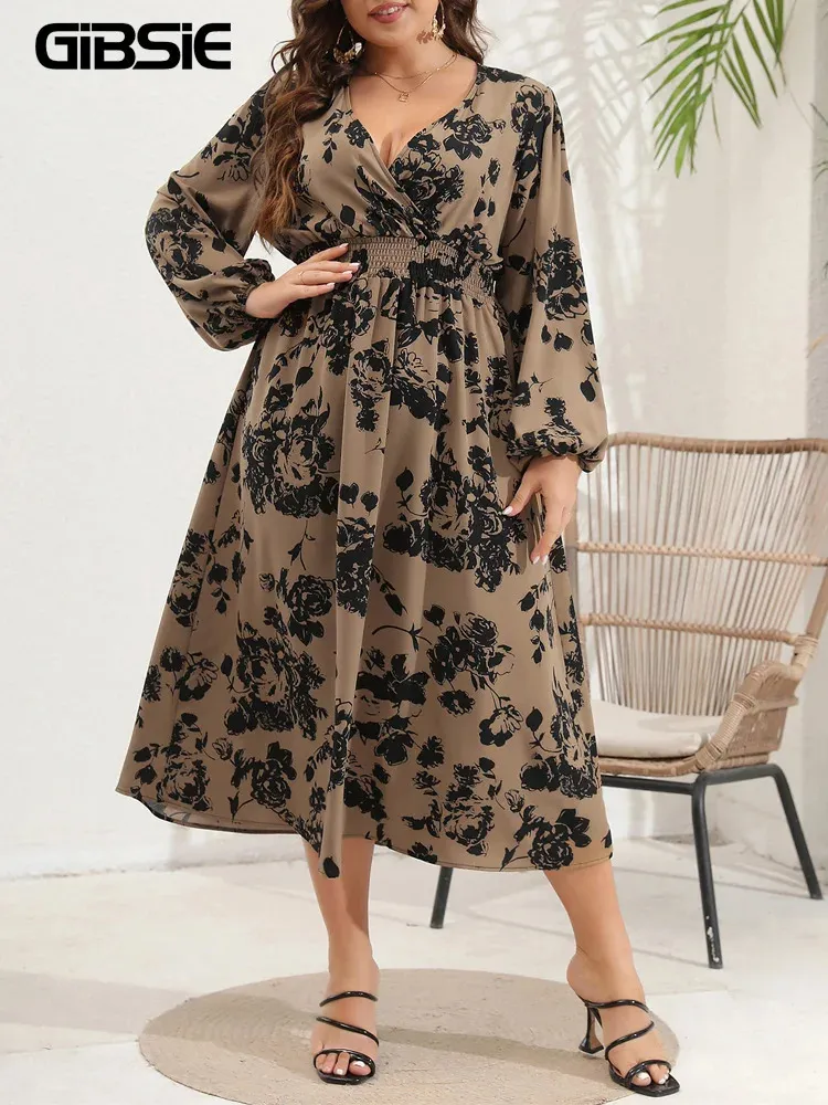 GIBSIE Grande taille Boho imprimé floral automne robes longues pour femmes 2023 pleine lanterne manches portefeuille col en V décontracté vacances ALine robe 240321