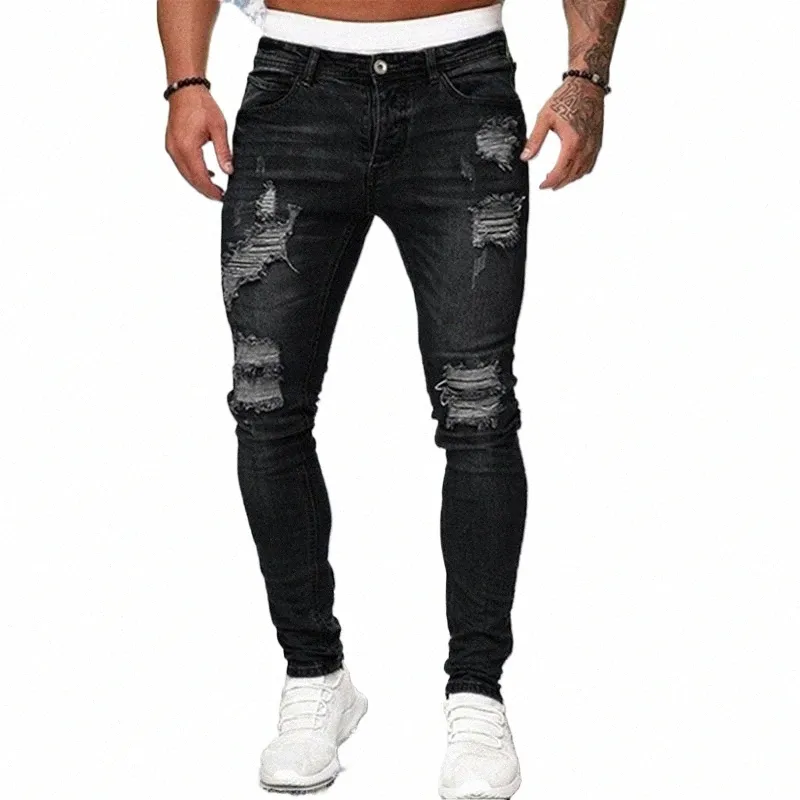 Hombres clásicos Jeans Negro Ripped Lápiz Pantalones Primavera y verano Deportes ocasionales Elásticos Color sólido Jeans Fi Boyfriend Leggings o7rL #