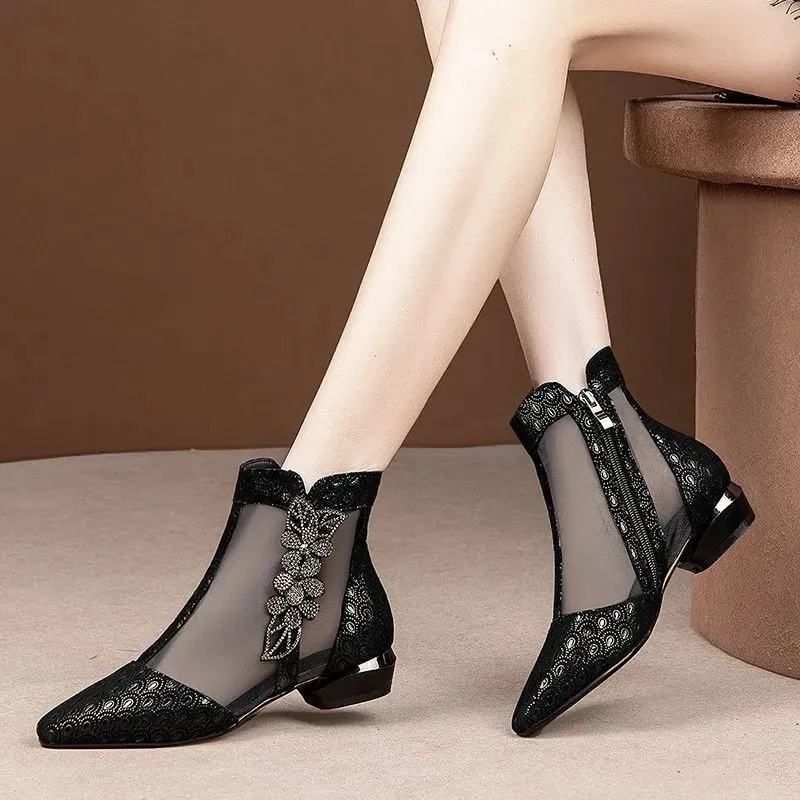 Kvinnor skor vår mode blommor fyrkantiga häl sandaler kvinnor sommarstorlek 41 andningsbara nät strass sandaler 240320