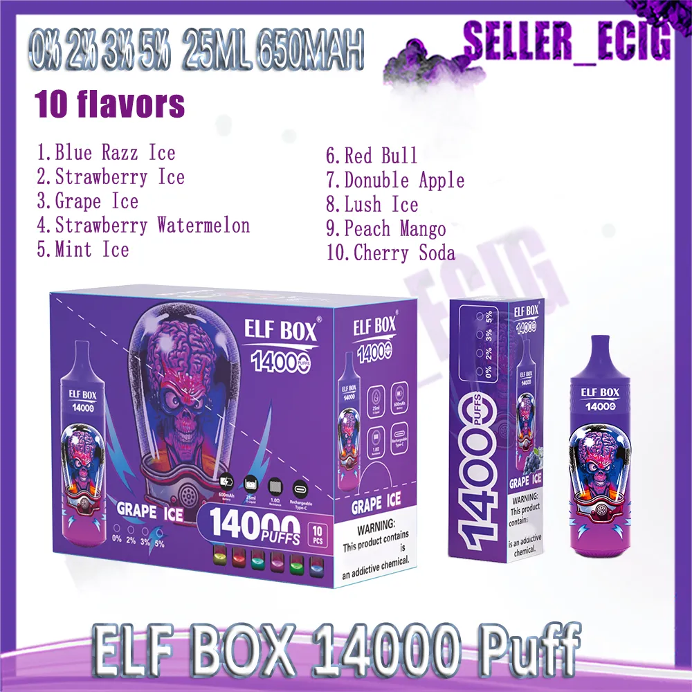 Original ELF BOX 14000 Puff jetables E cigarettes 650mAh Mesh Coil 25ml Pod batterie rechargeable électronique Cigs Puff 14K 0% 2% 3% 5% Vape Pen 10 saveurs