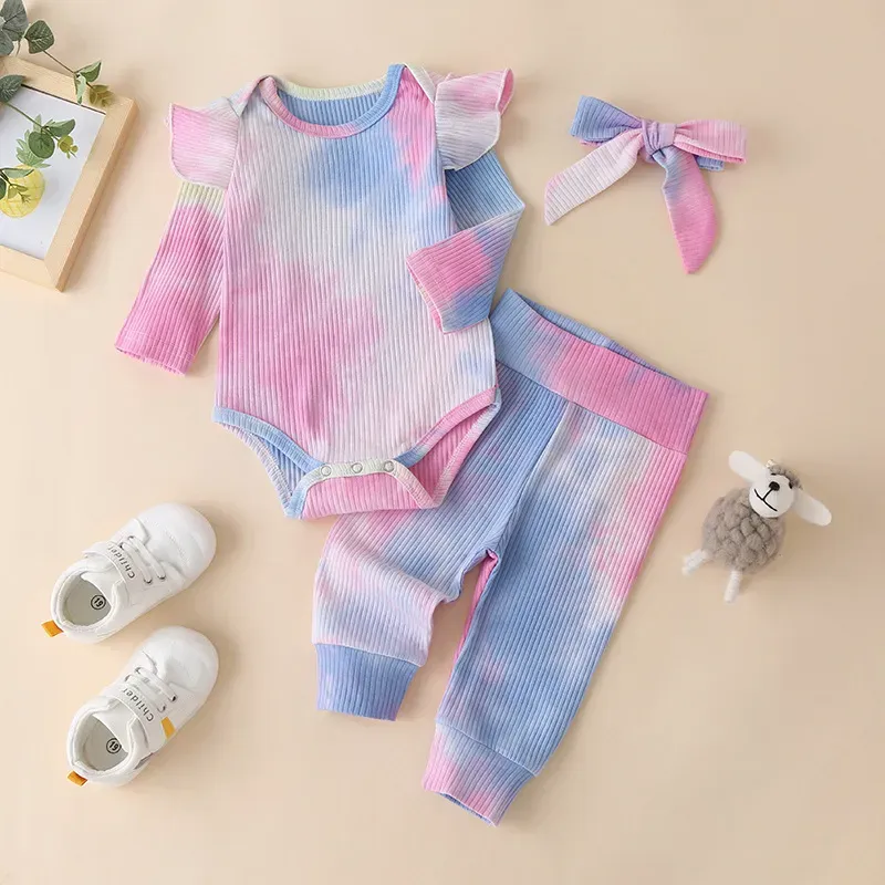 Girls Designer Clothes Kids Tie-Dye Pit Striped Clothing Sets Summer Boutique Rompers Pants Headband Suits Breathable Casual Jumpsuits Trousers Outfits B8095