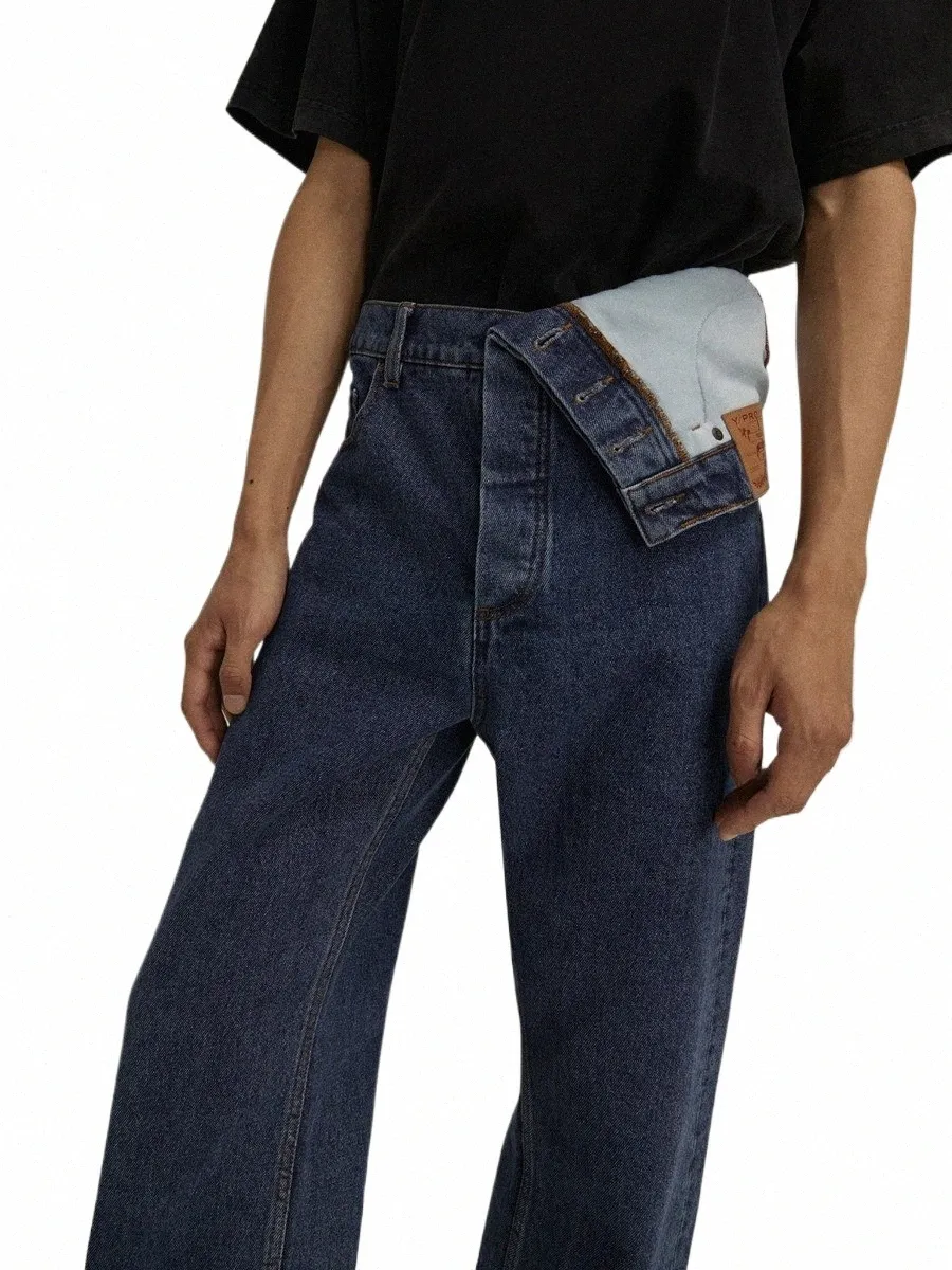 Denim Pantalon Asymétrique Unisexe Casual Droite Bleu Wed Design Nouveautés Jeans Confortables Usure Quotidienne Turn-Over Taille d3Ic #