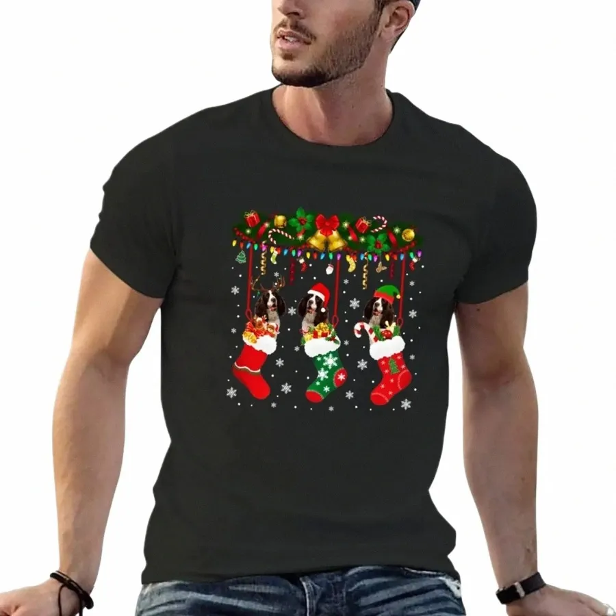 Engelska Springer Spaniel i Sock Xmas Reindeer Santa Elf Dog T-shirt Överdimensionerad blusgrafik Tung thirts för män i5rv#