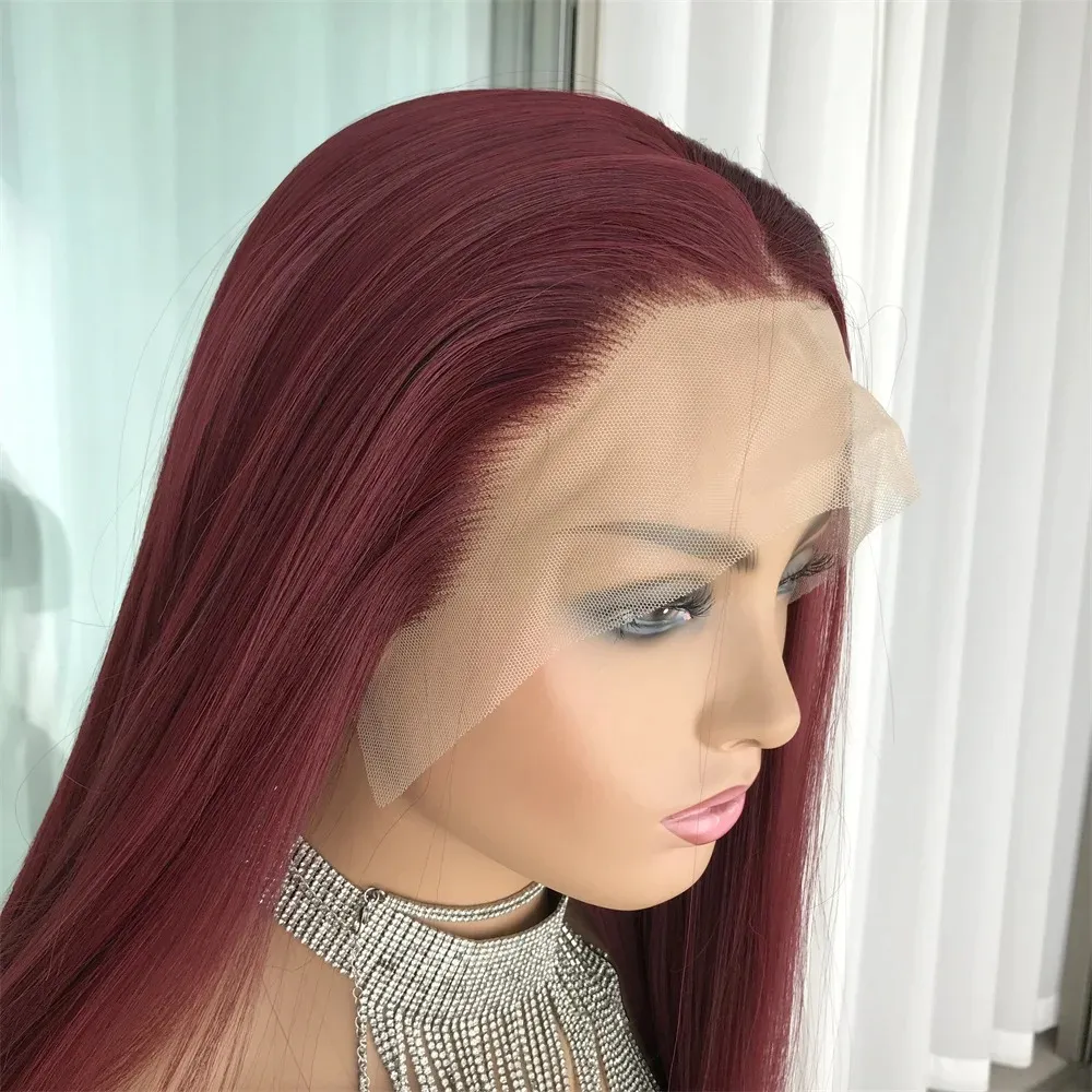 Perruque Lace Wig synthétique lisse sans colle bordeaux 99J, perruque Lace Wig pre-plucked résistante à la chaleur avec Baby Hair pour femmes