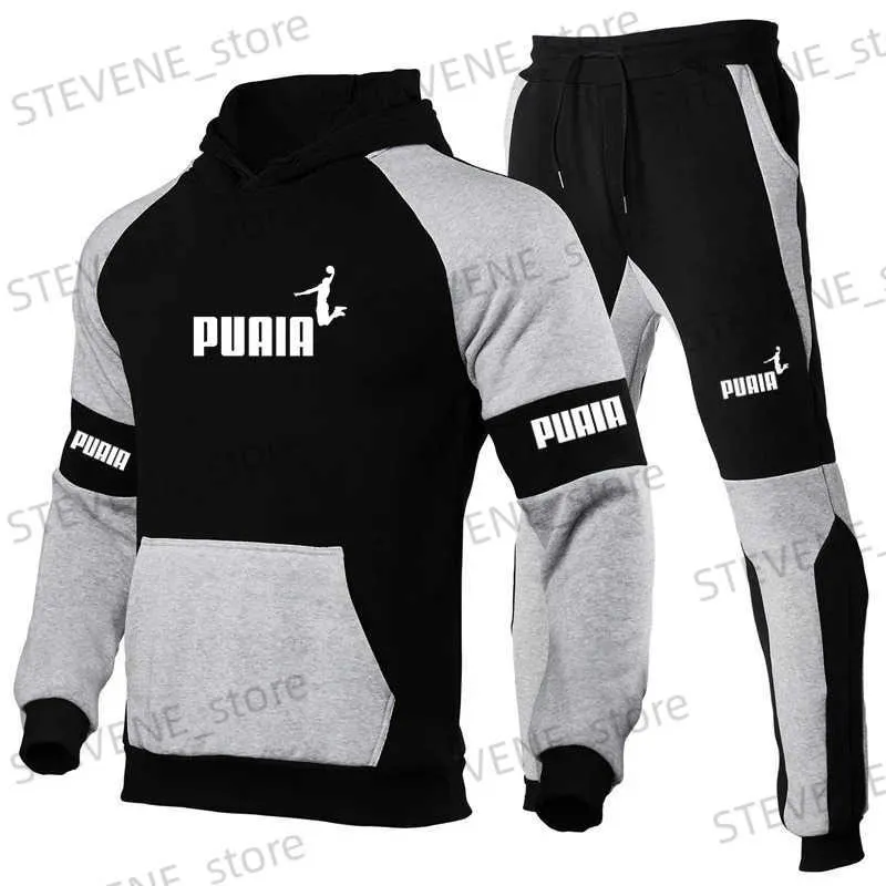 Tute da uomo Felpa con cappuccio da uomo e pantaloni set Colori di giunzione abbigliamento sportivo casual marca abbigliamento sportivo autunno e inverno Nuovi stili 2023 T240326