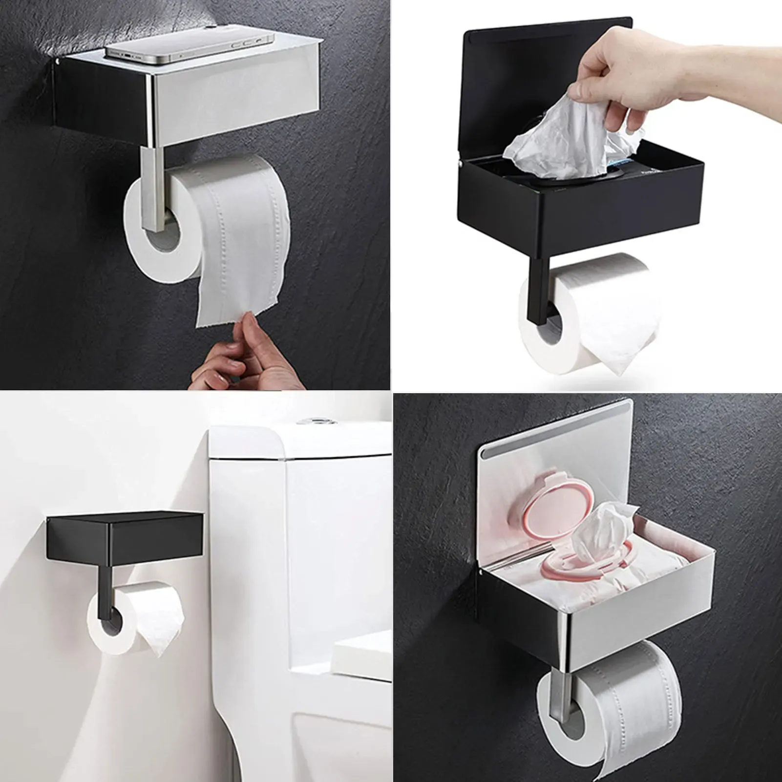 Hållare toalettpappershållare med hylla våt torkar dispenser lagringshylla rostfritt stål väggmontering för våtservetter vävnadsrulle feminin